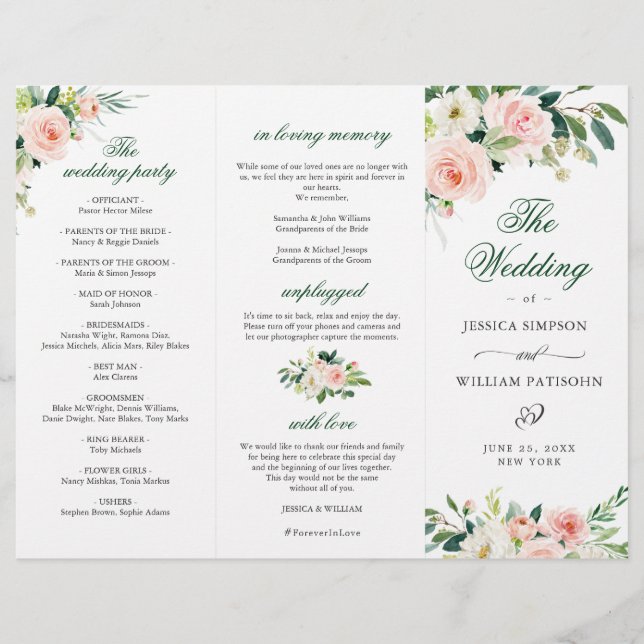 Blush Pink Roses Flowers Wedding Ceremony Program (Front)