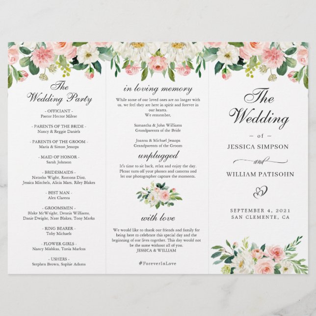 Blush Pink Roses Flowers Wedding Ceremony Program (Front)