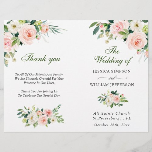 Blush Pink Roses Flowers Wedding Program