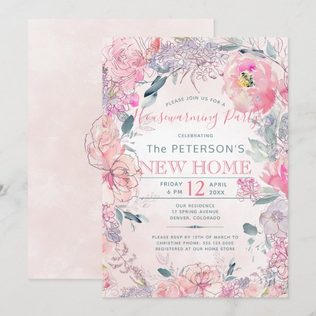 Blush pink roses garden housewarming party invitation (Front/Back)