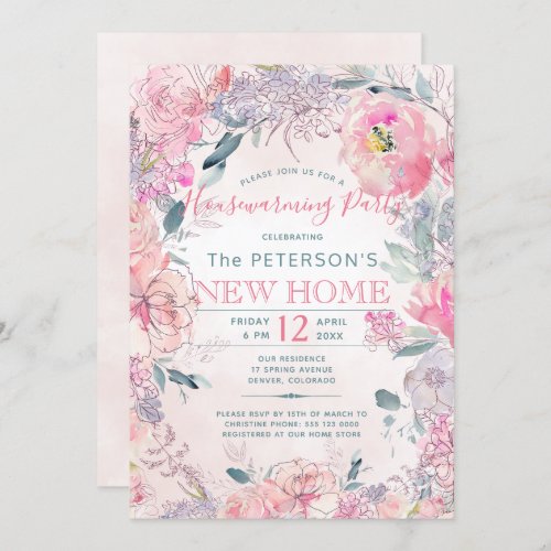 Blush pink roses garden housewarming party invitation