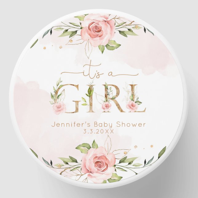 Blush pink roses girl baby shower  mini candle favors (Front)