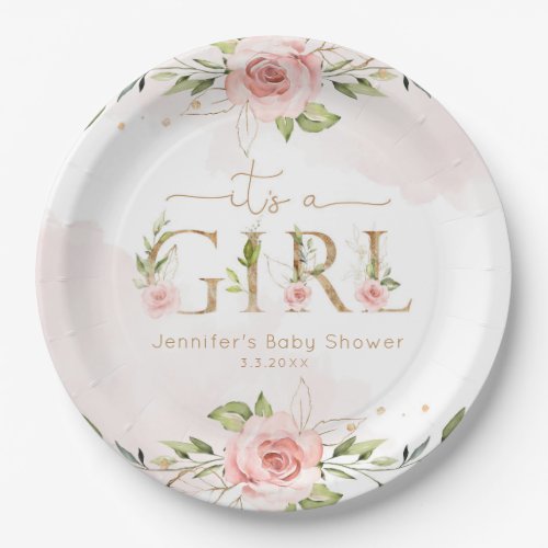 Blush pink roses girl baby shower paper plates