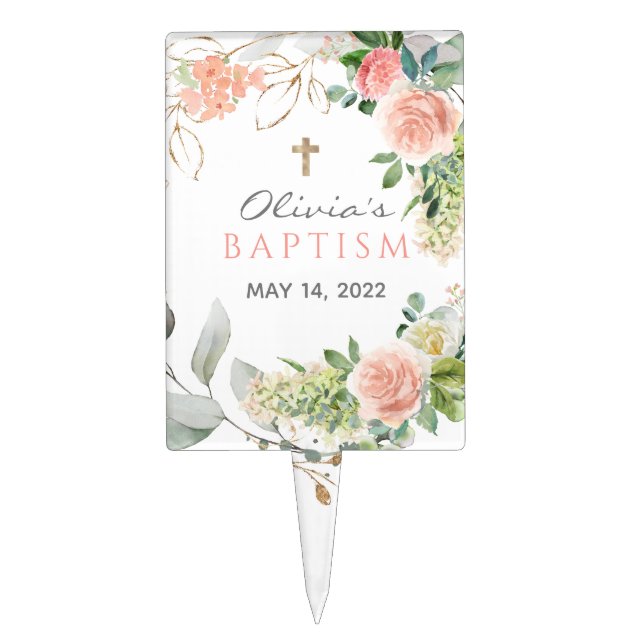 Blush Pink roses Girl Baptism Cake Picks (Front)
