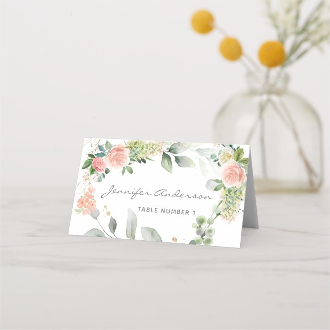 Blush Pink Roses Girl Baptism Place Card (Front)
