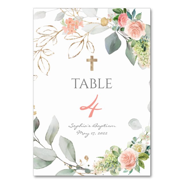 Blush Pink roses Girl Baptism Table Number (Front)