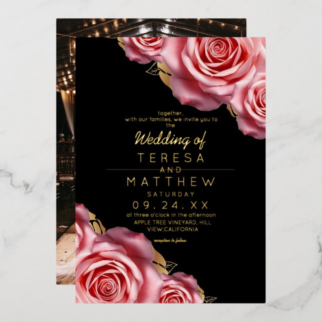 Blush Pink Roses Gold Foil Black Modern Wedding  Invitation (Front/Back)