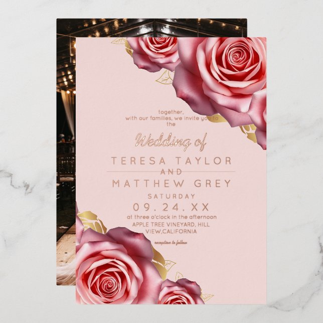Blush Pink Roses Gold Foil Modern Wedding  Invitation (Front/Back)