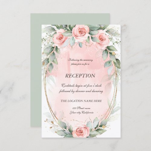 Blush Pink Roses Gold Frame Reception   Invitation