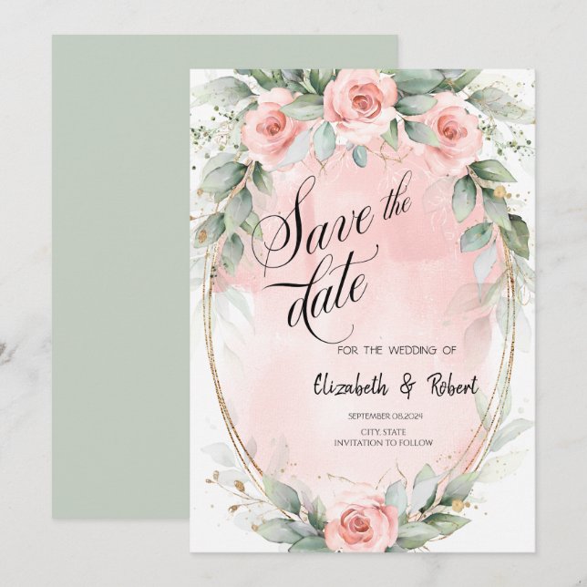 Blush Pink Roses Gold Frame Save The Date (Front/Back)