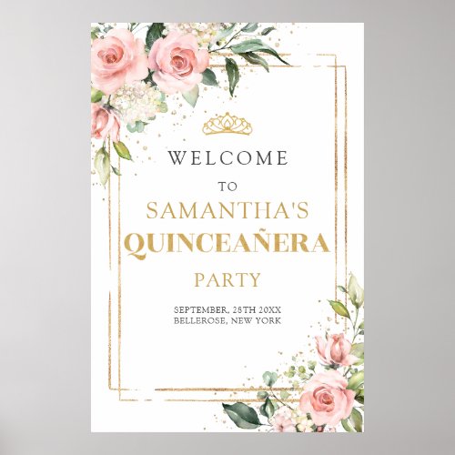 Blush pink roses gold glitter 15 birthday welcome poster
