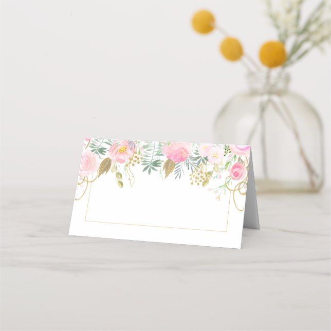 Blush Pink Roses Gold Green Leaves Folded Place Place Card (Front)