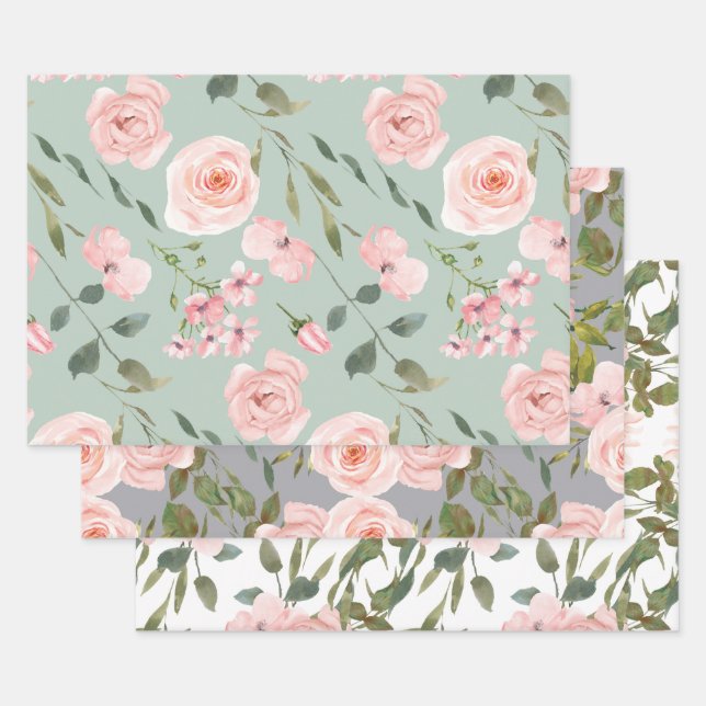 Blush Pink Roses Gold Leaves Greenery Wrapping Paper Sheets (Set)