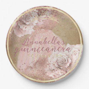 Blush Pink Roses Gold Quinceañera on Parchment Paper Plates