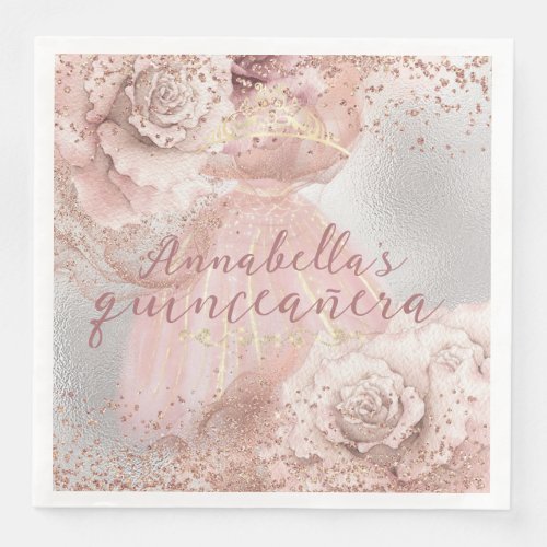 Blush Pink Roses Gold Quinceaera on Silver Paper Dinner Napkins