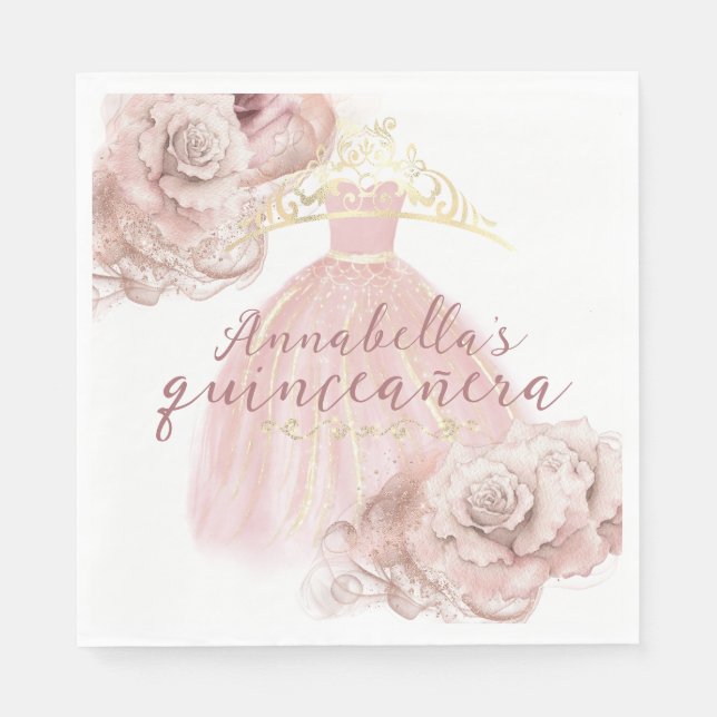 Blush Pink Roses Gold Tiara Quinceañera Napkins (Front)