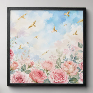 Blush Pink Roses & Golden Birds Watercolor Floral  Peel And Stick Photo Tile
