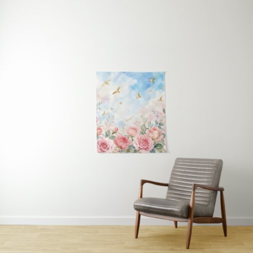 Blush Pink Roses &amp; Golden Birds Watercolor Floral  Tapestry
