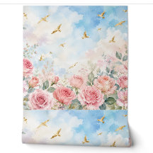 Blush Pink Roses & Golden Birds Watercolor Floral 
