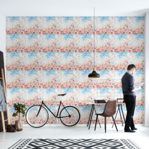 Blush Pink Roses & Golden Birds Watercolor Floral  Wallpaper
