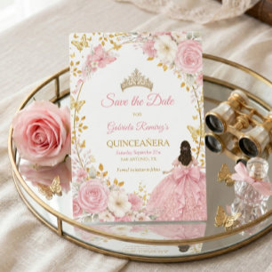 Blush Pink Roses Golden Quinceañera  Save the Date