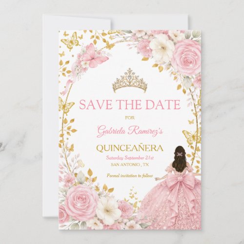 Blush Pink Roses Golden Quinceañera Save the Date