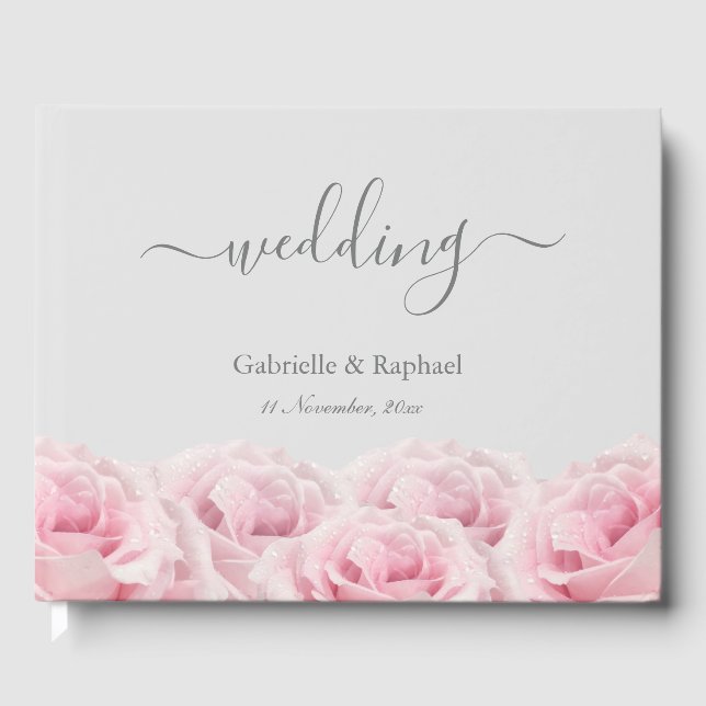 Blush Pink Roses Gray Elegant Floral Wedding Guest Book (Front)