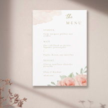 Blush Pink Roses Green Leaves Elegant Wedding Menu