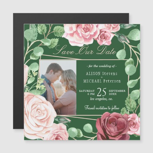 Blush pink roses green wedding photo save date magnetic invitation