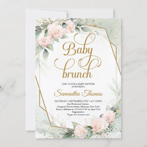 Blush pink roses greenery and gold baby brunch invitation