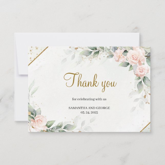 Blush Pink Roses Greenery and Gold Geometric Thank You Card (Front)