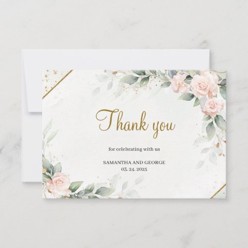Blush Pink Roses Greenery and Gold Geometric Thank You Card