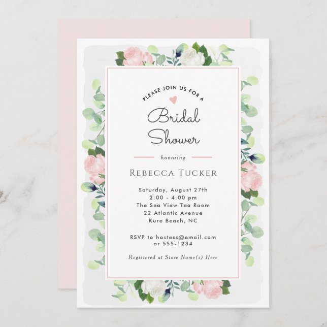 Blush Pink Roses Greenery Boho Bridal Shower Invitation (Front/Back)