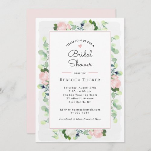 Blush Pink Roses Greenery Boho Bridal Shower Invitation