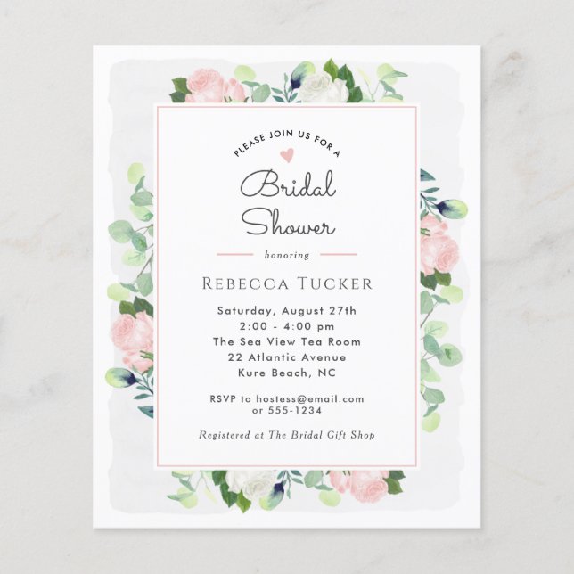 Blush Pink Roses Greenery Bridal Shower Invitation (Front)