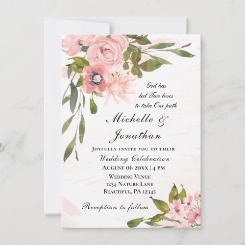 Blush Pink Roses Greenery Christian Wedding Invitation