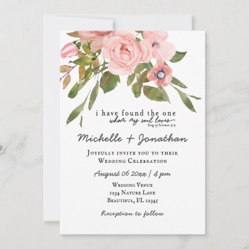 Blush Pink Roses Greenery Floral Christian Wedding Invitation