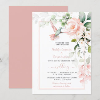 Blush Pink Roses, Hummingbird, and Sage Greenery Invitation
