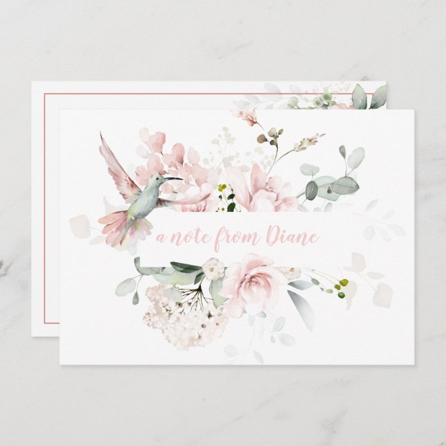 Blush Pink Roses, Hummingbird, Sage Green Greenery Note Card (Front/Back)