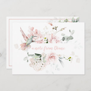 Blush Pink Roses, Hummingbird, Sage Green Greenery Note Card