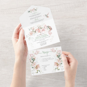 Blush Pink Roses Hummingbirds Sage Green Wedding All In One Invitation