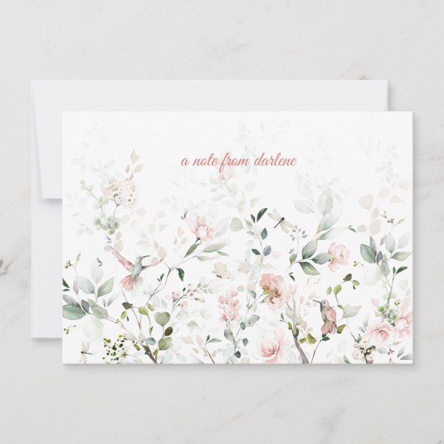 Blush Pink Roses, Hummingbirds, Sage Greenery Note Card (Front)