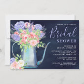 Blush Pink Roses Hydrangea Navy Blue Bridal Shower Invitation (Front)