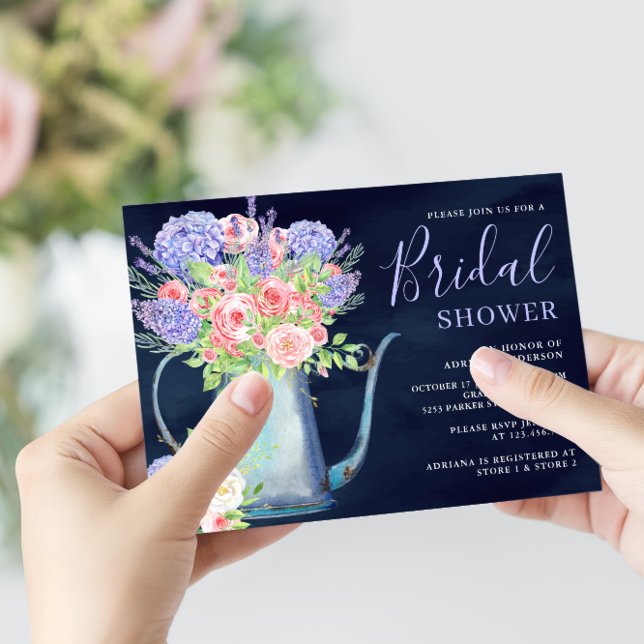 Blush Pink Roses Hydrangea Navy Blue Bridal Shower Invitation
