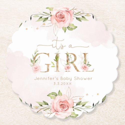 Blush pink roses its a girl baby shower paper coaster