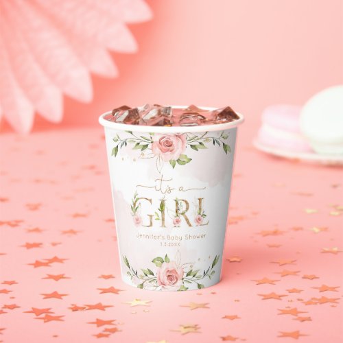 Blush pink roses its a girl baby shower paper cups