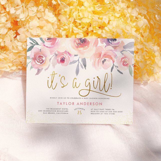 Blush Pink Roses It's A Girl Chic Girl Baby Shower Invitation Postcard (Creator Uploaded)