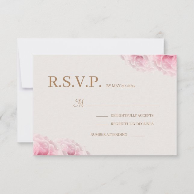 Blush Pink Roses Ivory Gold Floral Wedding RSVP Invitation (Front)