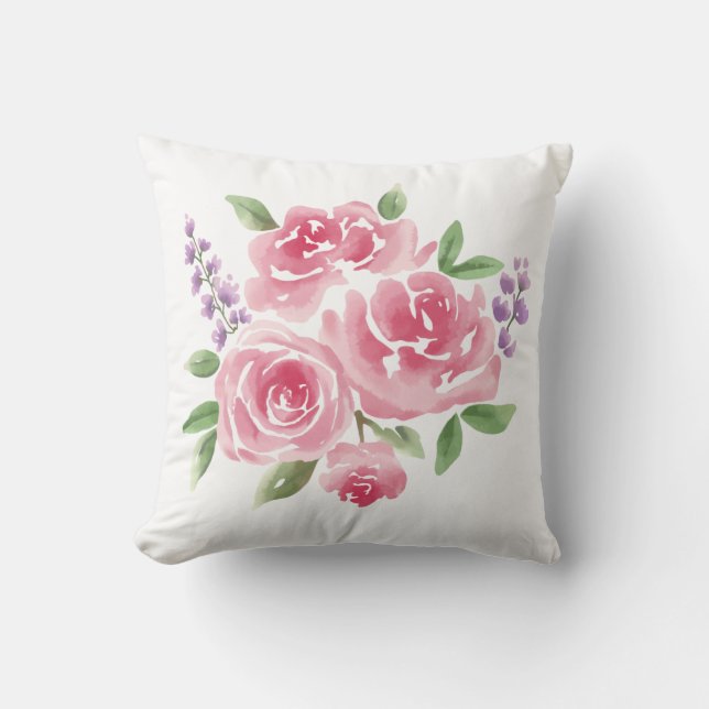 Blush Pink Roses & Lavender Throw Pillow (Front)