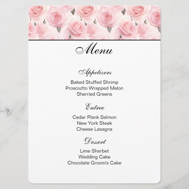 Blush Pink Roses Menu Card (Front)